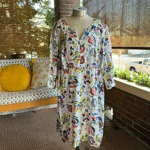 Boden white linen 3/4 sleeve tunic dress w/blue/coral/yellow floral print. S 18L